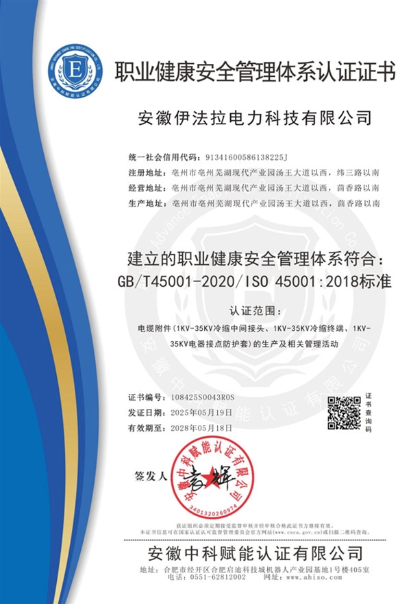 25年-职业健康安全管理体系认证证书-中文